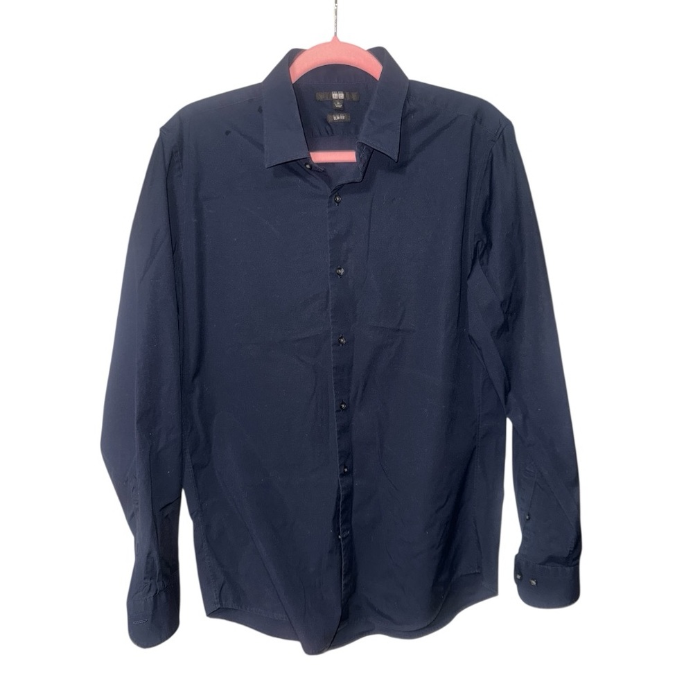 UNIQLOS Mens slim fit‎ Navy Blue button down dress shirt size medium